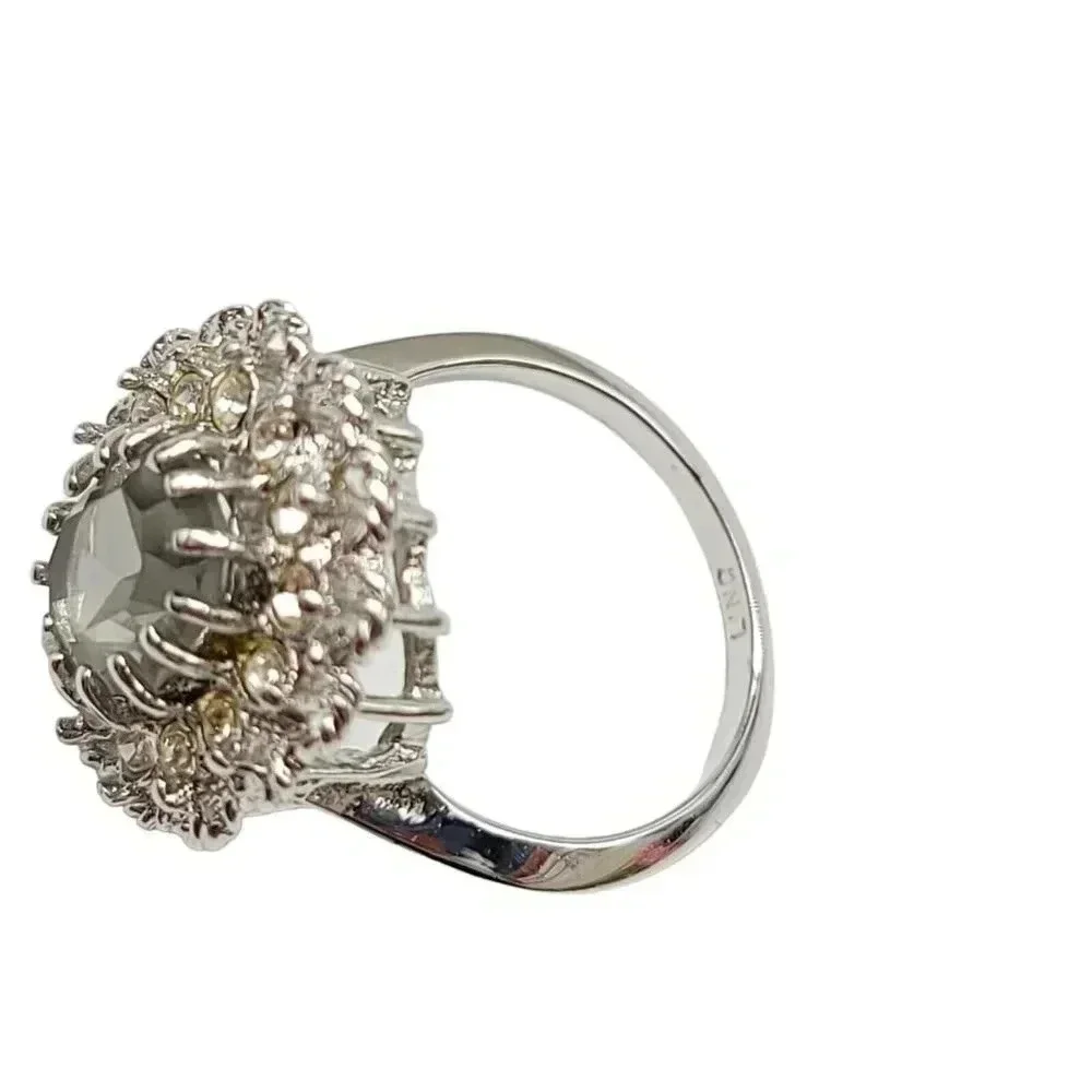 Lind Gray Grey Clear Glass Rhinestone Openwork Flower Silver Plated Ring Size 7